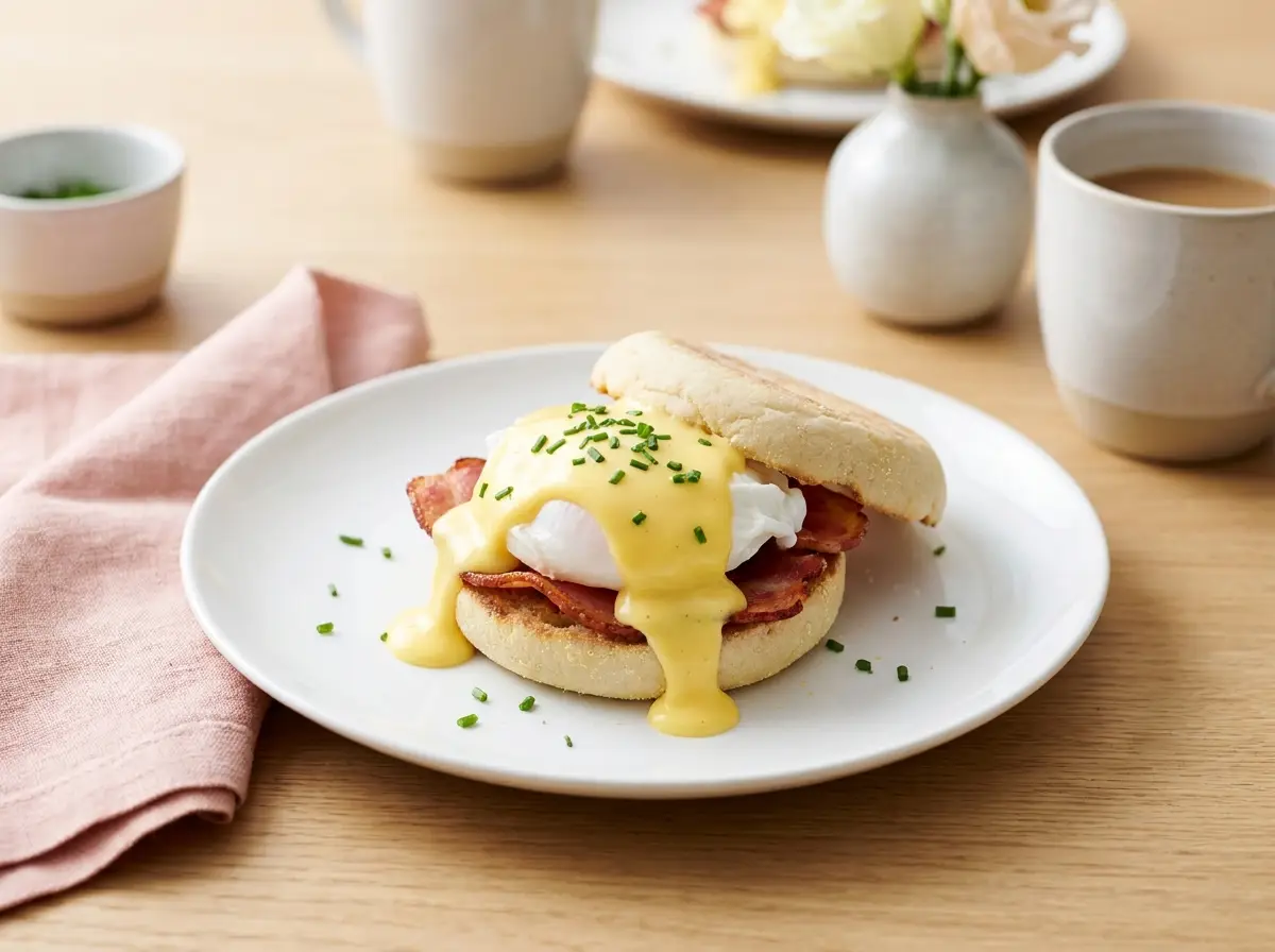 Beyaz porselen tabakta hollandaise soslu, domuz bacon'lı poşe yumurtalı benedict; sabah ışığında.