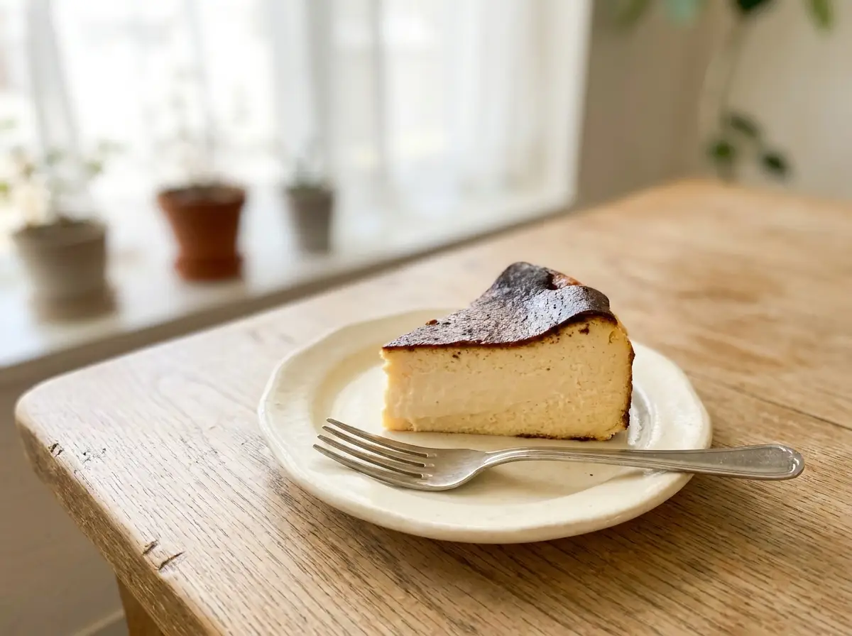 Küçük krem tabakta üstü karamelize, merkezi akışkan San Sebastian cheesecake dilimi ve çatal.